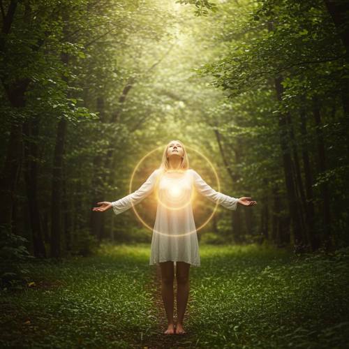imagen14 "Mujer blanca de pie descalza en un claro del bosque, con los brazos extendidos hacia la luz solar, simbolizando la sanación emocional y la auto-restauración en un entorno natural."