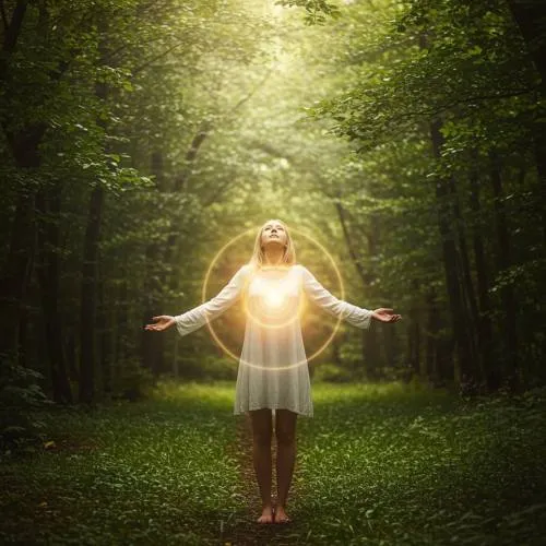 imagen14 "Mujer blanca de pie descalza en un claro del bosque, con los brazos extendidos hacia la luz solar, simbolizando la sanación emocional y la auto-restauración en un entorno natural."
