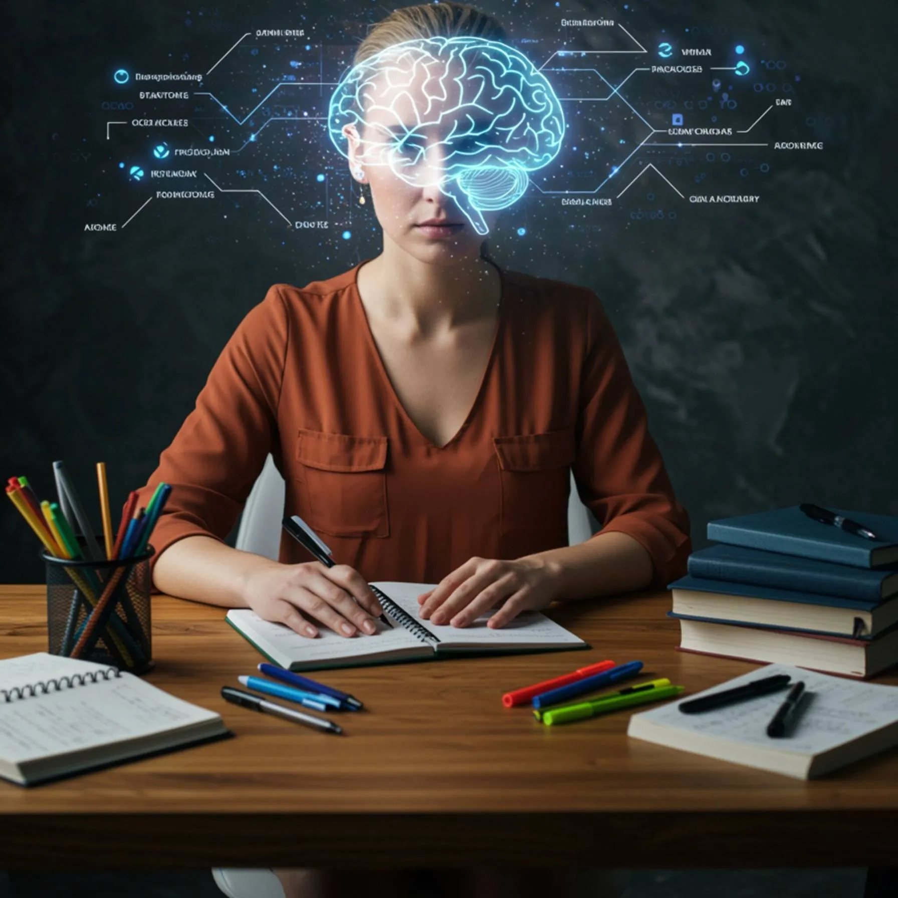 imagen15 "Mujer blanca sentada en un escritorio moderno rodeada de cuadernos abiertos, bolígrafos de colores y textos de psicología, junto a un diagrama del cerebro iluminado, representando herramientas de coaching profesional y crecimiento personal."