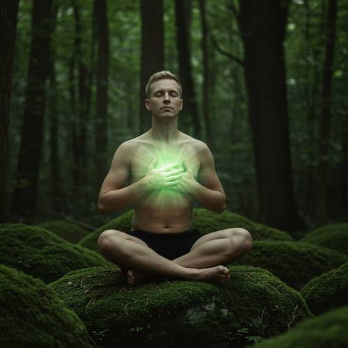 imagen23 "Hombre blanco sentado en una roca cubierta de musgo en un bosque sereno, con luz verde suave irradiando de su corazón, simbolizando sanación profunda y autocompasión."