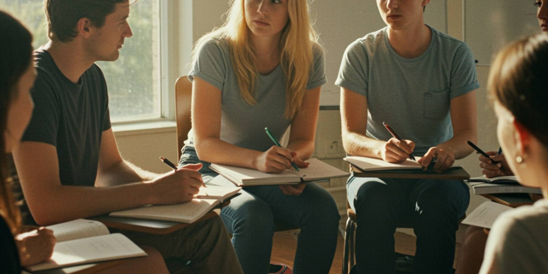"Clase inclusiva con adultos en círculo durante un taller práctico, rodeados de luz natural y materiales de escritura, ideal para promover la colaboración y el aprendizaje en grupo."