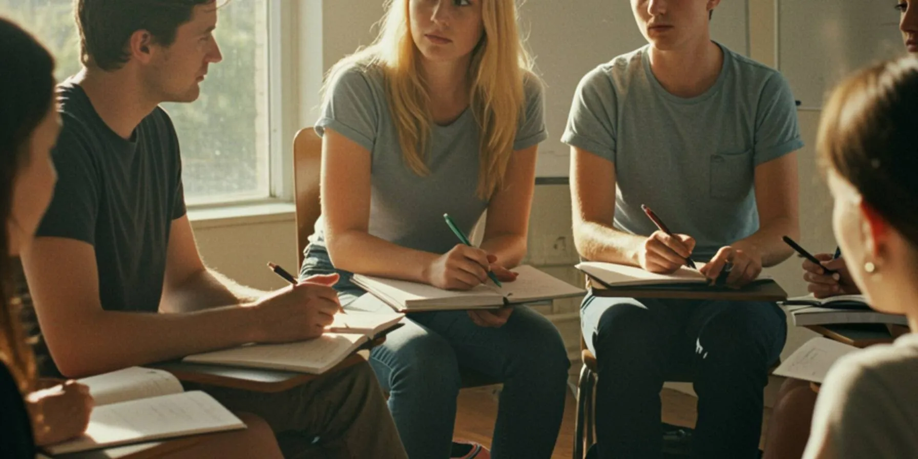 "Clase inclusiva con adultos en círculo durante un taller práctico, rodeados de luz natural y materiales de escritura, ideal para promover la colaboración y el aprendizaje en grupo."