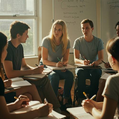imagen25 "Clase inclusiva con adultos en círculo durante un taller práctico, rodeados de luz natural y materiales de escritura, ideal para promover la colaboración y el aprendizaje en grupo."