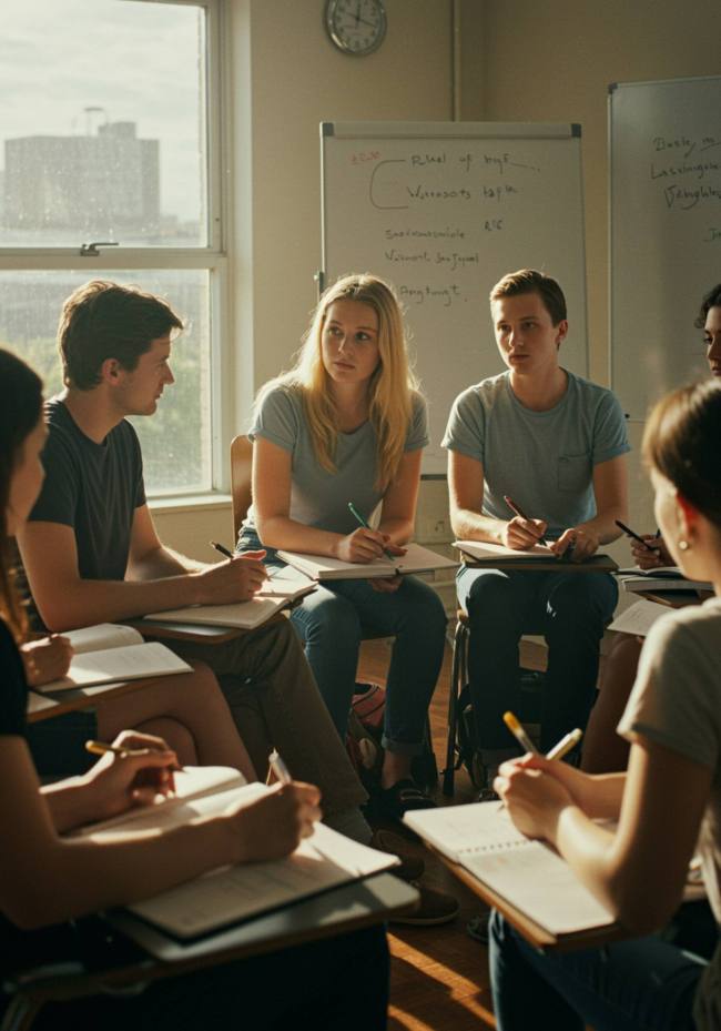 imagen25 "Clase inclusiva con adultos en círculo durante un taller práctico, rodeados de luz natural y materiales de escritura, ideal para promover la colaboración y el aprendizaje en grupo."
