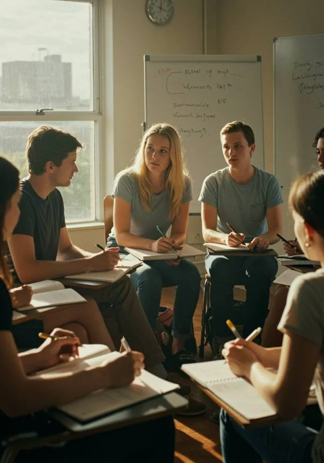 "Clase inclusiva con adultos en círculo durante un taller práctico, rodeados de luz natural y materiales de escritura, ideal para promover la colaboración y el aprendizaje en grupo."