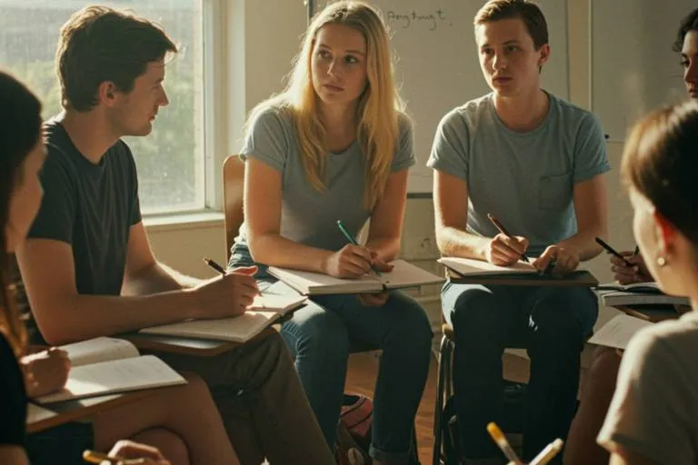 "Clase inclusiva con adultos en círculo durante un taller práctico, rodeados de luz natural y materiales de escritura, ideal para promover la colaboración y el aprendizaje en grupo."