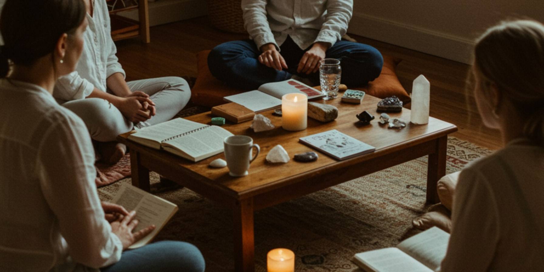 "Un acogedor taller con adultos en cojines, rodeados de diarios abiertos, velas y cristales, ideal para la autoexploración auténtica."