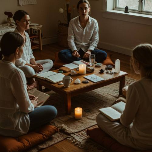 imagen41 "Un acogedor taller con adultos en cojines, rodeados de diarios abiertos, velas y cristales, ideal para la autoexploración auténtica."