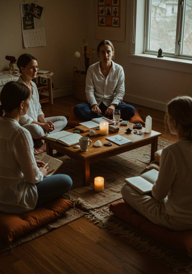 imagen41 "Un acogedor taller con adultos en cojines, rodeados de diarios abiertos, velas y cristales, ideal para la autoexploración auténtica."