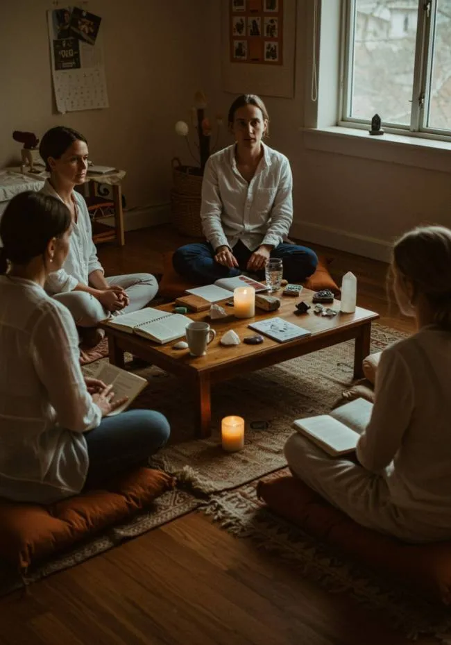 imagen41 "Un acogedor taller con adultos en cojines, rodeados de diarios abiertos, velas y cristales, ideal para la autoexploración auténtica."