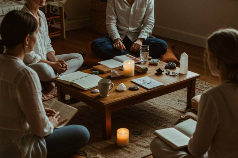 "Un acogedor taller con adultos en cojines, rodeados de diarios abiertos, velas y cristales, ideal para la autoexploración auténtica."