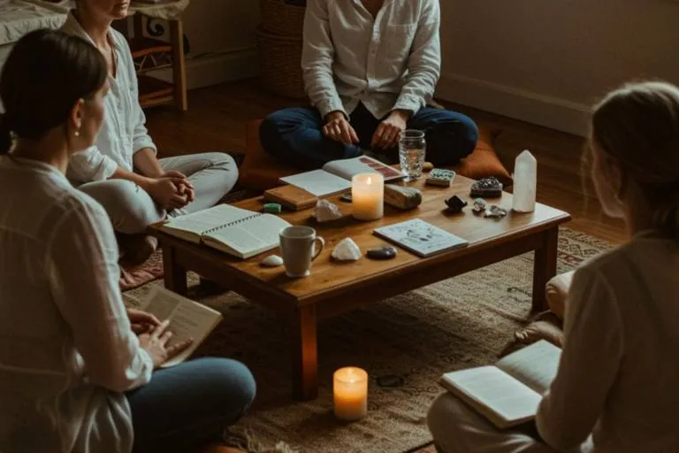 "Un acogedor taller con adultos en cojines, rodeados de diarios abiertos, velas y cristales, ideal para la autoexploración auténtica."