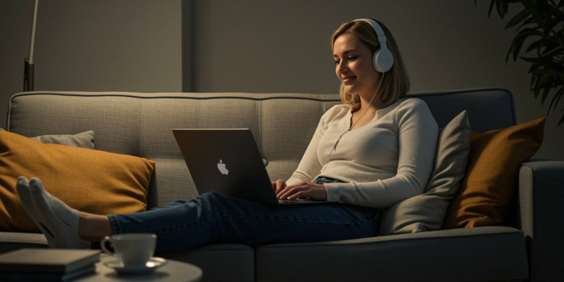 "Mujer blanca relajada en un sofá moderno con laptop y auriculares en una sala de estar iluminada, disfrutando de su tiempo de trabajo a su ritmo."
