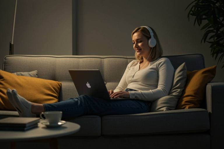 "Mujer blanca relajada en un sofá moderno con laptop y auriculares en una sala de estar iluminada, disfrutando de su tiempo de trabajo a su ritmo."