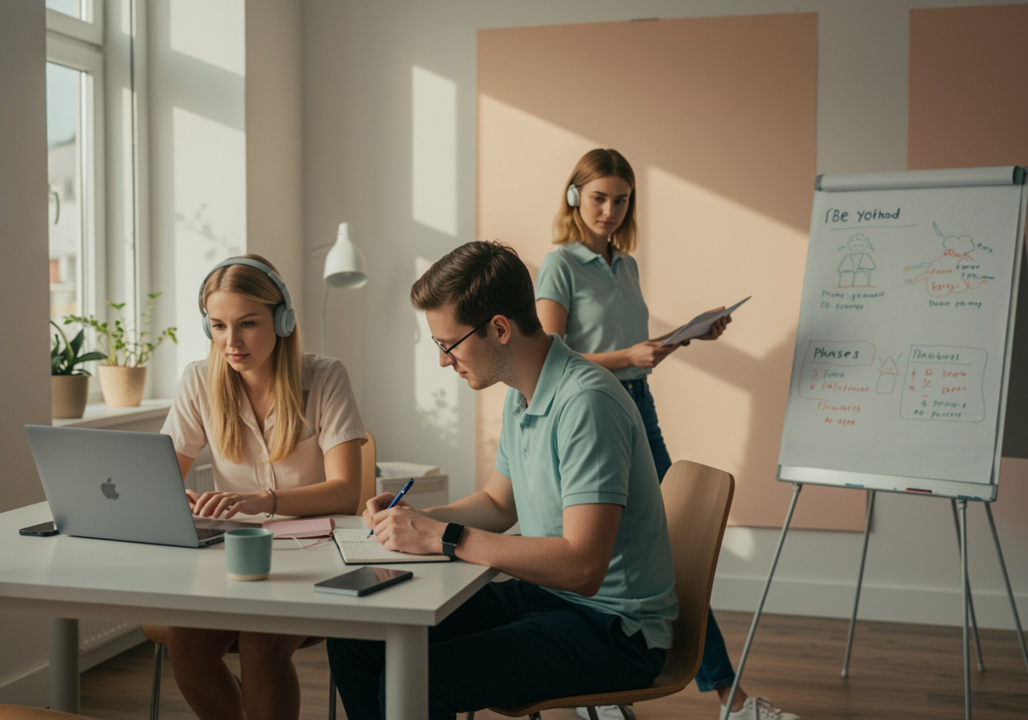 imagen46 1 "Colaboración en un estudio moderno: tres adultos blancos trabajando en la metodología 'Be You' con un ambiente luminoso y acogedor."