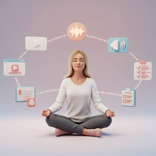 imagen46 "Ilustración digital de alta resolución de una mujer blanca en un entorno minimalista, inmersa en un viaje de aprendizaje online, rodeada de íconos multimedia que simbolizan la educación moderna."