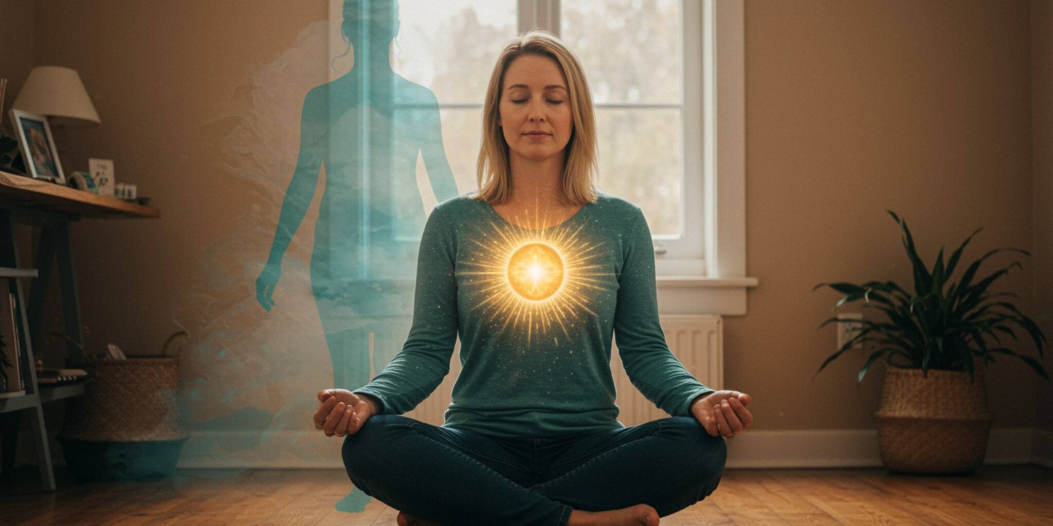 "Ilustración en acuarela de una mujer blanca en sus 30, meditando en un ambiente acogedor, simbolizando la sanación interior y la transformación personal."