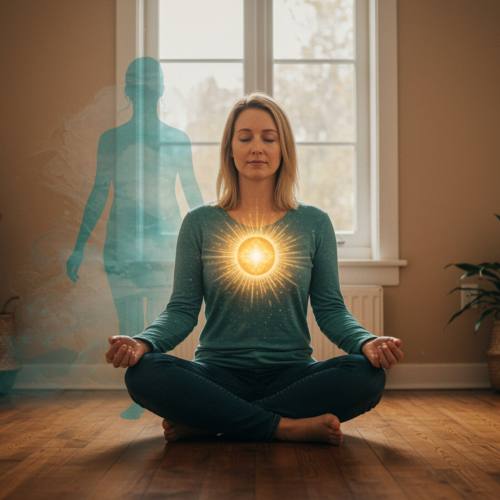 imagen47 1 "Ilustración en acuarela de una mujer blanca en sus 30, meditando en un ambiente acogedor, simbolizando la sanación interior y la transformación personal."