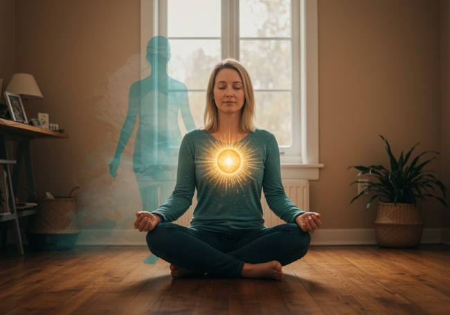 imagen47 1 "Ilustración en acuarela de una mujer blanca en sus 30, meditando en un ambiente acogedor, simbolizando la sanación interior y la transformación personal."