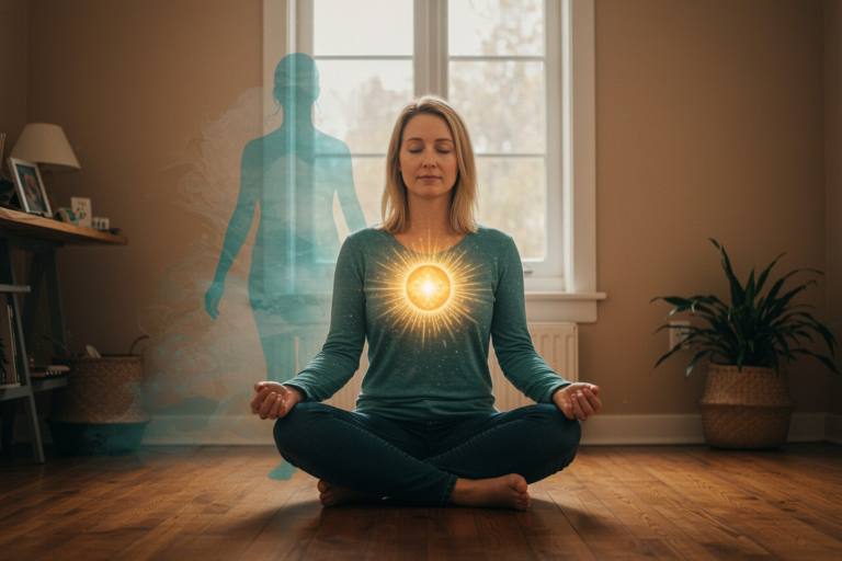 "Ilustración en acuarela de una mujer blanca en sus 30, meditando en un ambiente acogedor, simbolizando la sanación interior y la transformación personal."