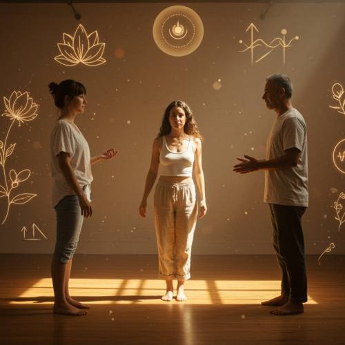 imagen47 "Imagen digital vibrante que representa la transformación interior del proyecto 'SER TÚ', con tres adultos en un estudio iluminado, rodeados de símbolos de crecimiento personal."